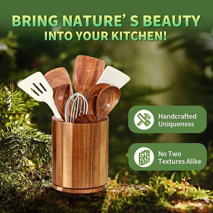Wooden Utensil Holder, 360°Rotating 7.3'' Large Utensil Holder for Kitchen Counter, Kitchen Utensil Organizer, Utensil Crock, Farmhouse Kitchens Countertop Decor, Acacia Wood