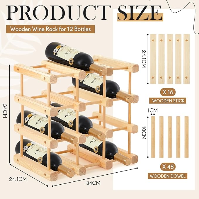 Juexica 12 Bottles Wooden Wine Rack Stackable Modular Storage Racks DIY Assembly Wine Bottle Holder for Inside Cabinet Countertop Cellar Racks(1 Pack)