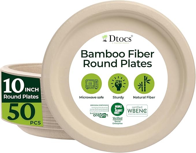Dtocs Bamboo Fiber Plates 10 Inch Round (50 Pcs) | Bamboo Plate Disposable Dinnerware Set for Party, Dinner, BBQs, Wedding | Sustainable Platter for Hot, Cold Food | Alt to Plastic, Wood, Paper Plates