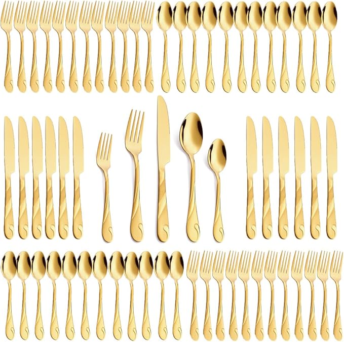 Gold Silverware Set for 12, 60-Piece Stainless Steel Flatware Set, Shiny Gold Metal Cutlery Set, Include Spoon, Fork and Knife Set, Dishwasher Safe