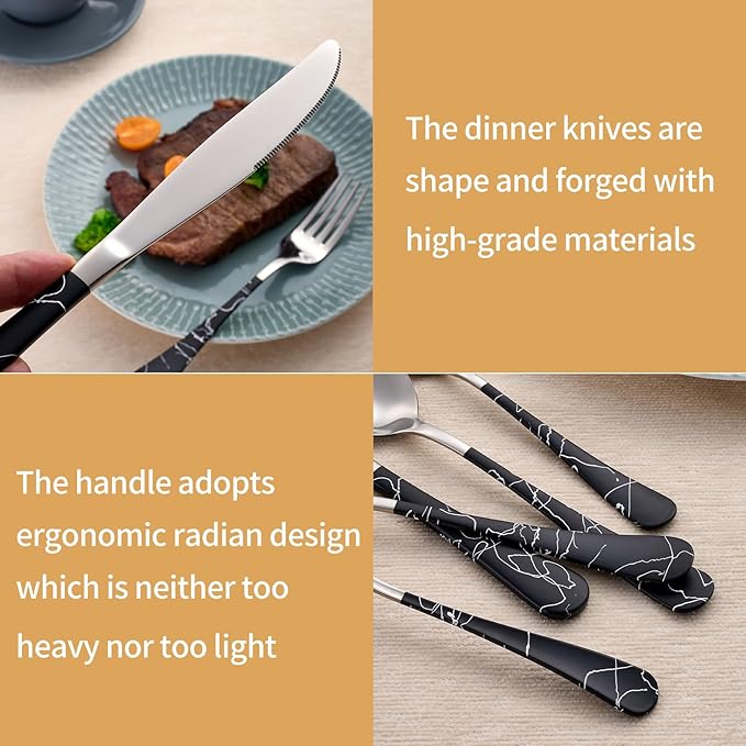 20-Piece Black crack Silverware Set 18/0 Stainless Steel Silverware Set Black crack Handle Cutlery Set Service for 4 Dinner Knives Forks Spoons Set Flatware Set Finish Dishwasher Safe