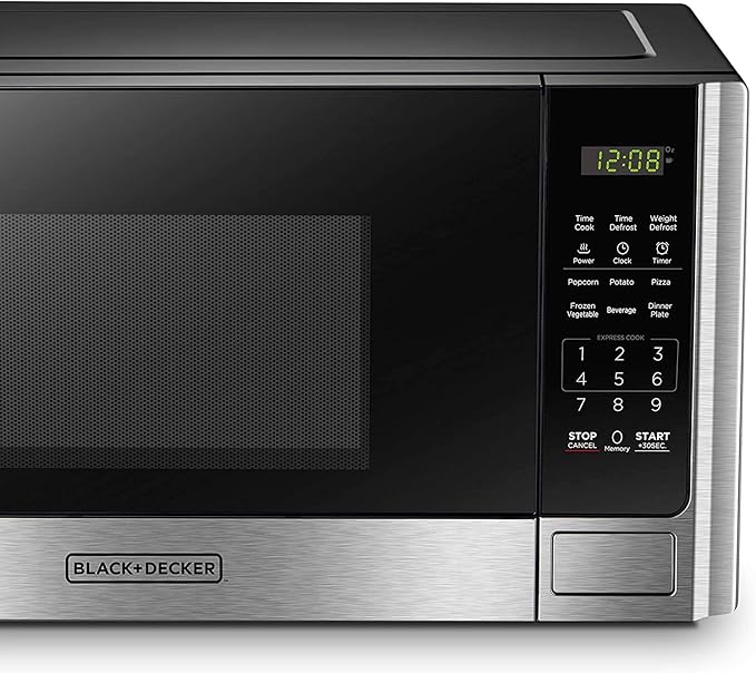 BLACK+DECKER Digital Microwave Oven with Turntable Push-Button Door, Child Safety Lock, Stainless Steel, 0.9 Cu Ft