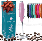 Elementi Electric Pink Milk Frother Handheld - Mini Whisk for Coffee, Matcha and Drinks - Portable Frother & Mixer with Stand - Pastel Pink