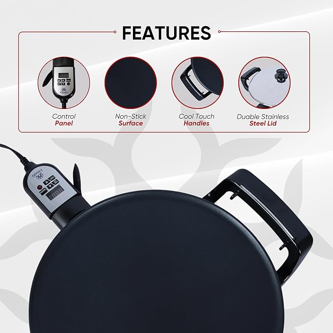 Ethniq 16" Electric Griddle for Ethiopian Injera, Somalian Anjero, Crepe, Lefse, Mogogo, Mitad, Pancake Teff Maker - Adjustable Digital Heat Control - Non-Stick Surface - Even Heat Distribution