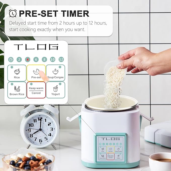 TLOG Mini Rice Cooker 2.5 Cups Uncooked, Healthy Ceramic Coating Portable Rice Maker, 1.2L Travel Rice Pot Small for 1-3 People, Personal Rice maker, Food Steamer, Multi-cooker for Grains, Oats