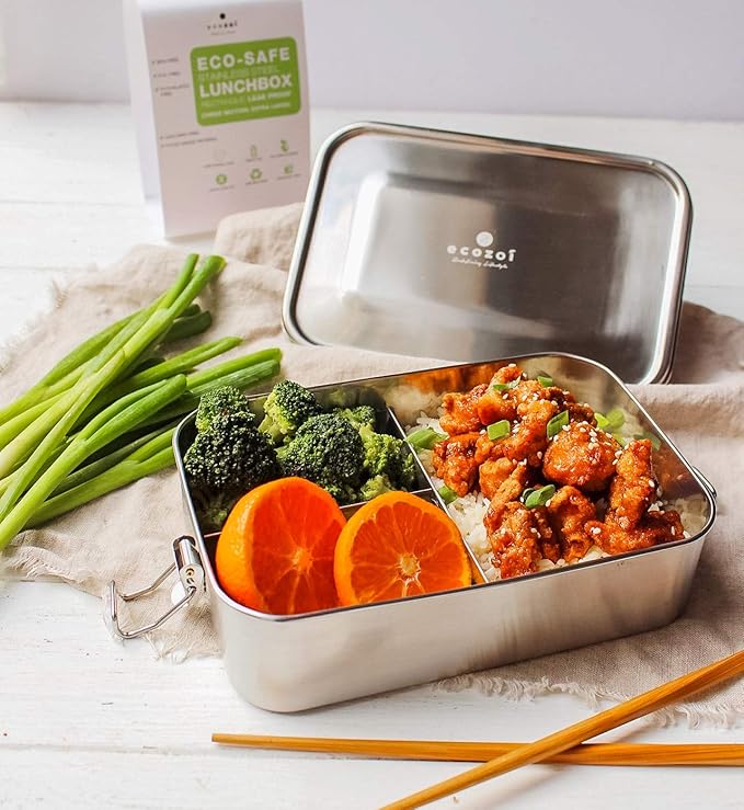 Stainless Steel Lunch Box, Leak Proof 3 Compartment, Medium | Redesigned Silicone Seal | Sustainable Zero Waste Eco Friendly Bento Box Food Storage Container