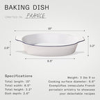 Made In Cookware - Oval Baking Dish - Navy Rim - Hand Crafted Porcelain - Professional Bakeware - Made in France
