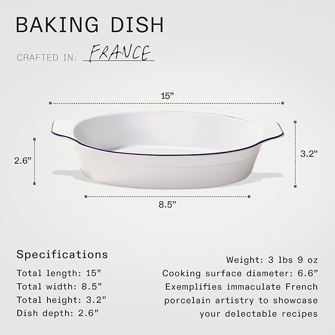 Made In Cookware - Oval Baking Dish - Navy Rim - Hand Crafted Porcelain - Professional Bakeware - Made in France
