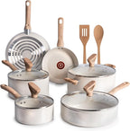 T-Fal Revive Ceramic Nonstick Cookware Set, Oven Safe Up to 350ºF, 12-Piece, Includes Stockpot, Saucepan, Skillet, Frying Pans, Utensils, Ceramic Pots and Pans Set, Beige Granite