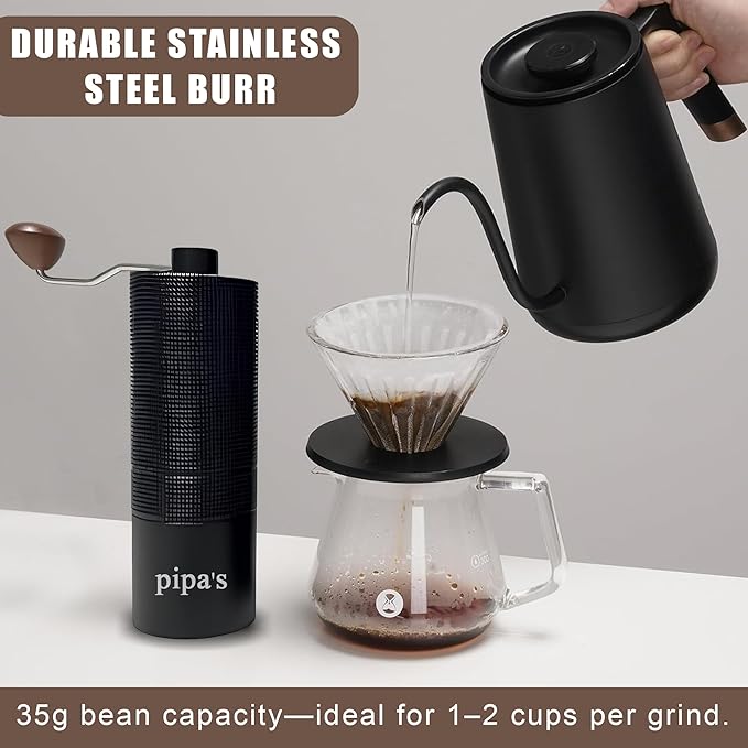pipa’s Manual Coffee Bean Grinder with Brush (35g) | Stainless Steel Burr Mill, Adjustable Coffee Grinder for Espresso, Pour Over, French Press & Cold Brew | Coffee Hand Grinder for Home & Outdoor