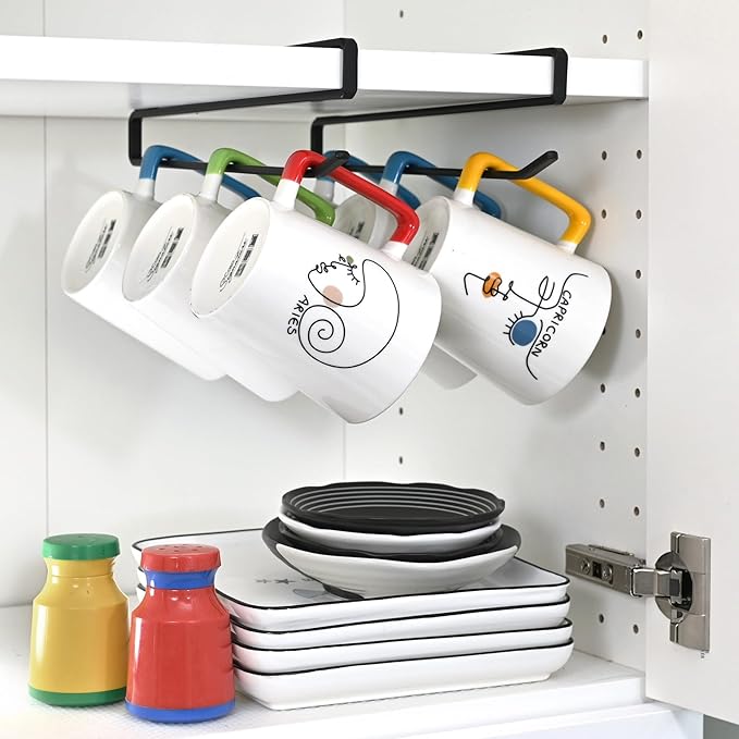 Coffee Mug Hanger for Cabinet, Clip-On Shelf, for Cups, Utensil, Tumbler Lid, Screwless Install (Pack of 2), Fits Shelves up to 3/4"