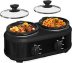 Double Slow Cooker, 2 x 1.25 QT Portable Small Dual Crock Cooker, Buffet Servers and Warmers Dishwasher Safe, Removable Ceramic Pot Glass Lid, Stainless Steel Black