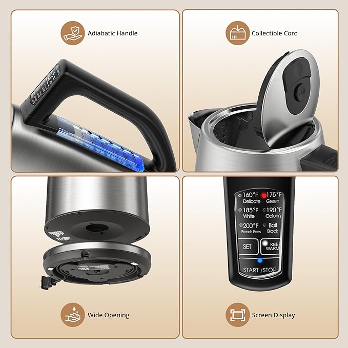 Electric Kettle Temperature Control, 1.7L Tea Kettle Electric with 6 Temperature Settings, 1500W Cordless Hot Water Boiler Heater, Strix Thermostat, Touch Control, Auto-Shutoff, Boil-Dry Protection