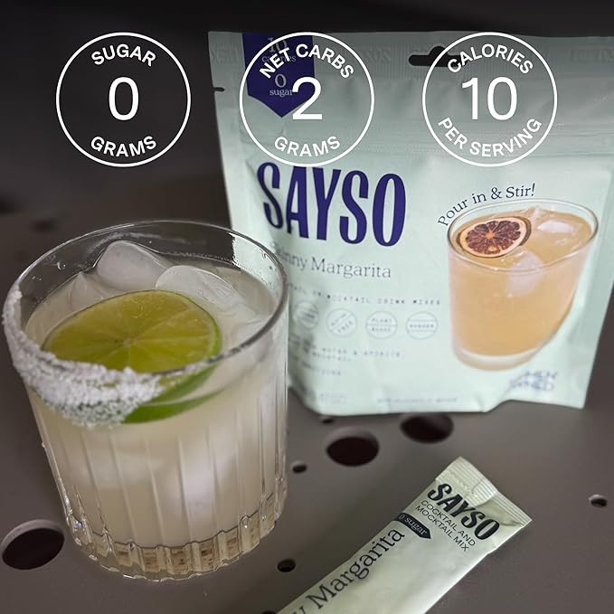 SAYSO Skinny Margarita Cocktail Sticks | Craft Cocktail or Mocktail in 1 Min, Just Add Water + Spirits (0g Sugar, 15 Calories, Vegan, Gluten-Free, Kosher, Non-GMO), 8 Single-Serve Mixers