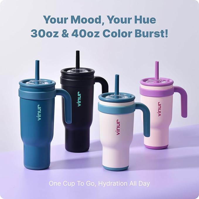 VINUR 30 oz Tumbler with Handle and Straw Lid-Reusable Stainless Steel Insulated Tumbler Cup for Water Coffee, Leakproof Travel Mug with Rubber Base(Cream)