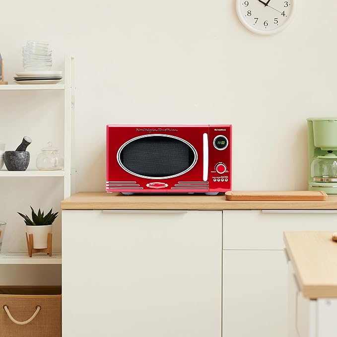 Nostalgia Retro Countertop Microwave Oven, 0.9 Cu. Ft. 800-Watts with LED Digital Display, Child Lock, Easy Clean Interior, Red