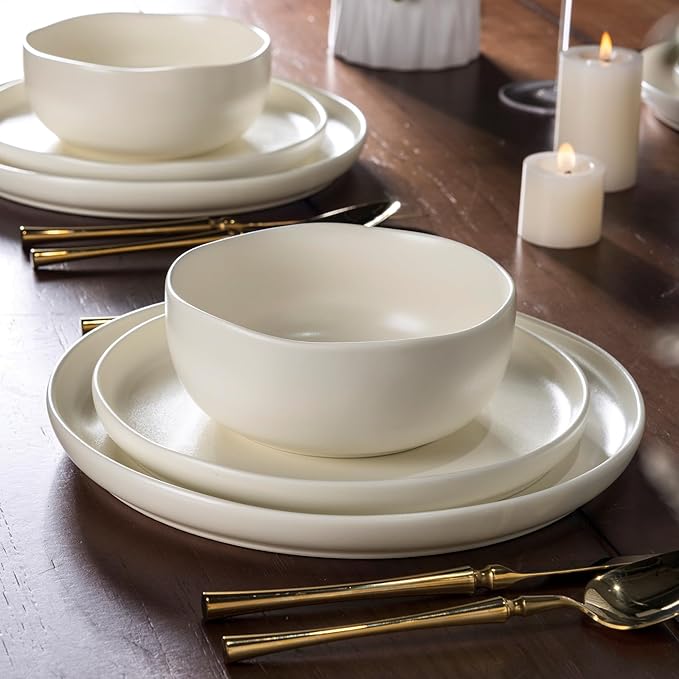 AmorArc Stoneware Dinnerware Sets, Wavy Rim Ceramic Plates and Bowls Sets, Highly Chip and Crack Resistant | Dishwasher & Microwave & Oven Safe Dishes set, Service for 8 (24pc)