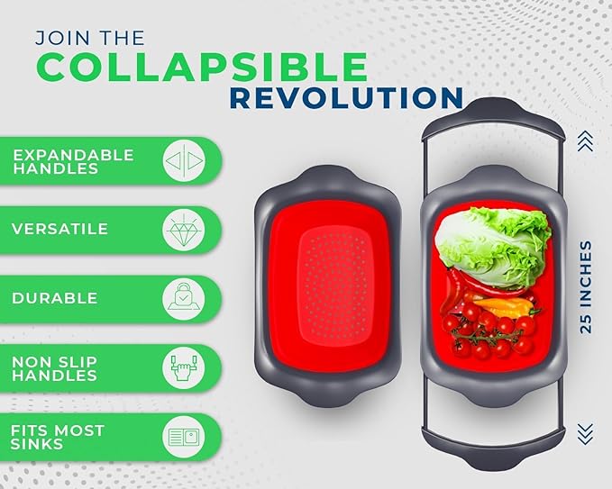 XL Large Kitchen Strainer by Comfify - Collapsible Silicone Over-The-Sink Colander with Extendable Handles - Use with Pasta, Fruit, Berries & Veggie - 6 Quart - Red