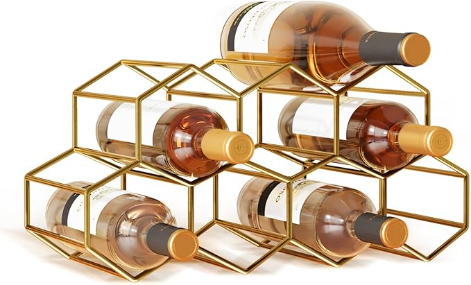 Urban Deco Small Gold Wine Rack 9 Bottle Holder Countertop - No Need Assembly Modern Metal Wire Wine Storage for Counter Top Table Top Coffee Bar Kitchen
