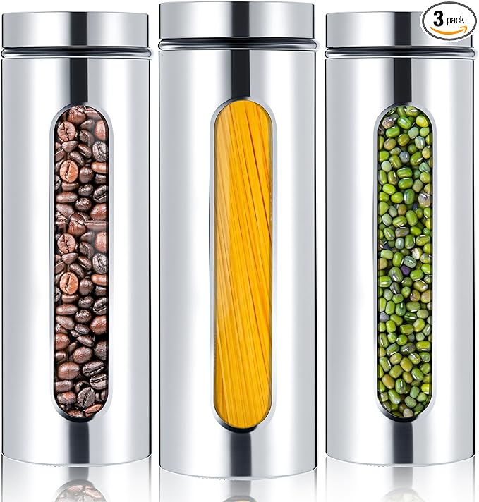 3 Pcs Stainless Steel Canister Set with Glass Windows Visible Storage Jars Silver Kitchen Canister Set for Pasta Flour Oat Sugar Container, Kitchen Tools, Housewarming Gifts(60 oz)
