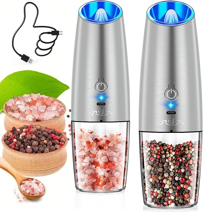 Rongyuxuan Upgraded Rechargeable Gravity Electric Salt and Pepper Grinder Set with LED lights,Stainless Steel Automatic Pepper or Salt Grinder Mill Shaker Refillable with Adjustable Coarseness,Sliver