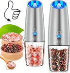 Rongyuxuan Upgraded Rechargeable Gravity Electric Salt and Pepper Grinder Set with LED lights,Stainless Steel Automatic Pepper or Salt Grinder Mill Shaker Refillable with Adjustable Coarseness,Sliver