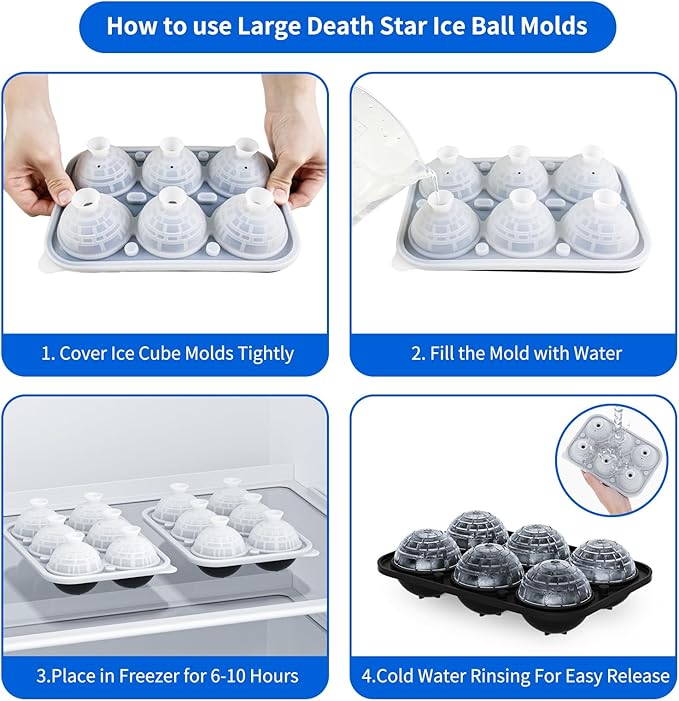 6 Chamber 2.34" 3D Death Star Ball Ice Cube Tray With Funnel,Large Round Ice Ball Molds Silicone Fun Shapes Whiskey Circle Ice Tray,For Chilling Whiskey,Cocktails,Bourbon,Brandy and Beverages