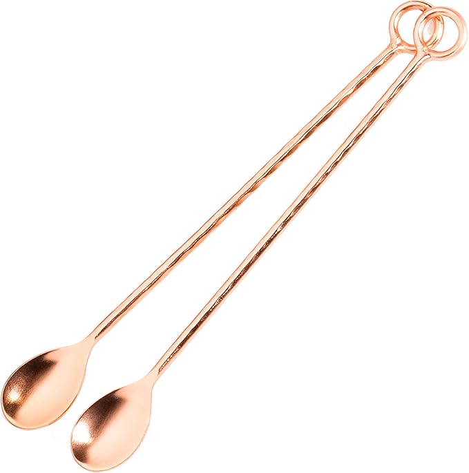 Copper mixing spoons set of 2 - copper plated stainless steel bar spoons with elegant ring on top. - Copper stirring spoon for Moscow mules