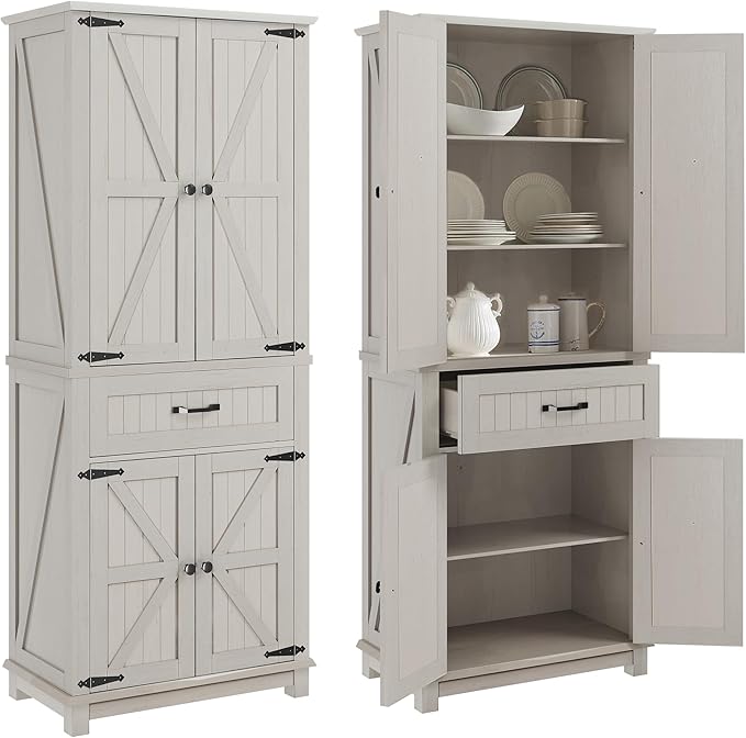 DWVO 72" Tall Farmhouse Pantry Cabinet, Kitchen Storage Pantry with Barn Doors & Drawer, Versatile Organizer with Adjustable Shelves, Rustic Cupboard for Dining Room, Living Room, White Oak