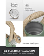 Poliviar Tea Kettle, 2.7 Quart Seaweed Green Finish with Wood Pattern Handle Loud Whistle Food Grade Stainless Steel Teapot, Anti-Hot Handle and Anti-Rust, Suitable for All Heat Sources (JX2020-SB30)