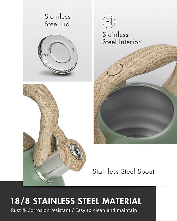 Poliviar Tea Kettle, 2.7 Quart Seaweed Green Finish with Wood Pattern Handle Loud Whistle Food Grade Stainless Steel Teapot, Anti-Hot Handle and Anti-Rust, Suitable for All Heat Sources (JX2020-SB30)