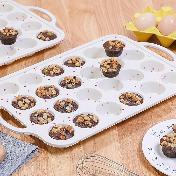 Mini Muffin Pan, Metal Reinforced Frame Mini Cupcake Pans 24 Cups Nonstick Muffin Silicone Molds with Handle for Baking Muffins, Cupcakes, Egg Bites 2 Pack Heart-Shaped