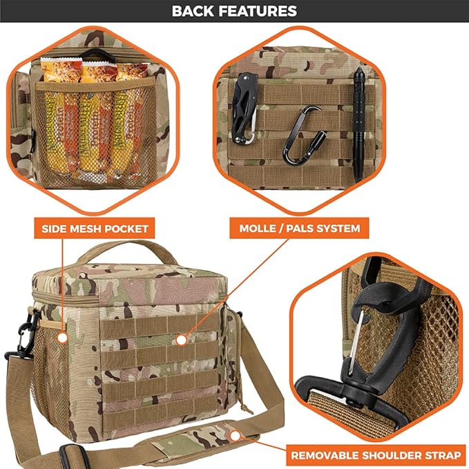 opux Tactical Lunch Box for Men, Camo Mens Insulated Lunch Bag for Adult, Leakproof Soft Lunch Cooler with MOLLE Mesh Side Pockets, Multicam Heavy Duty Lunchbox Pail for Work Women, Large, 18 Cans