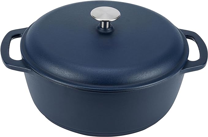 Amazon Basics Cast Iron Dutch Oven Pot with Lid, Enameled, Round, Dual Handles, Heavy-Duty, Medium, 6-Quart, Matte Navy