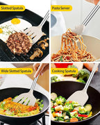 Silicone Cooking Utensil Set, 8Pcs Non-stick Cookwares with Stainless Steel Handle, BPA Free Heat Resistant Kitchen Tools with Spatulas, Turners, Spoons, Skimmer and Pasta Fork (KHAKI)