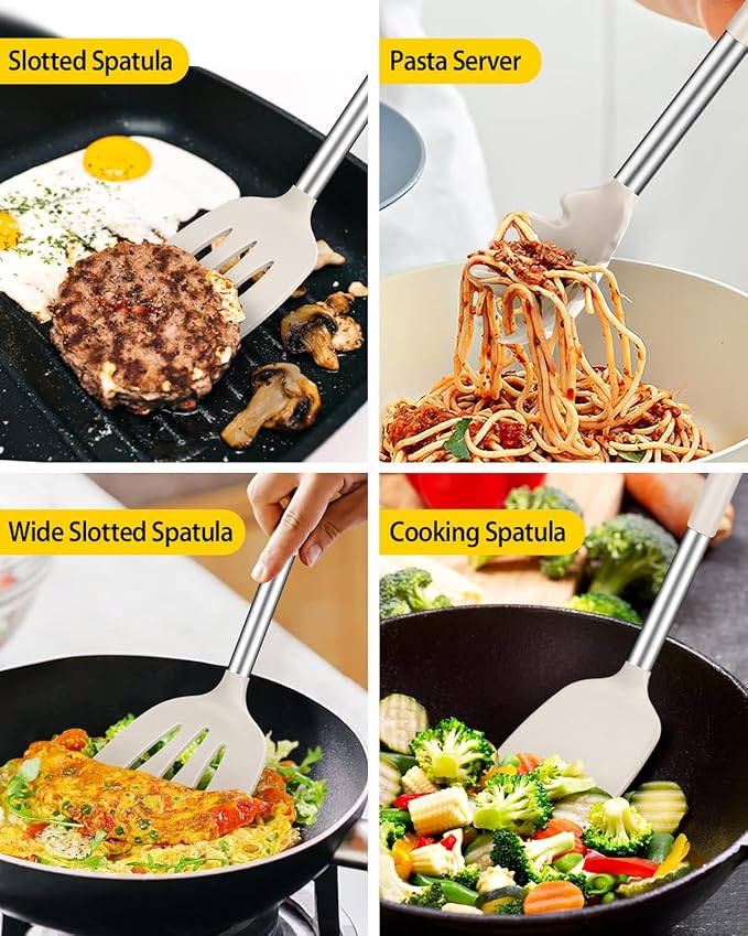 Silicone Cooking Utensil Set, 8Pcs Non-stick Cookwares with Stainless Steel Handle, BPA Free Heat Resistant Kitchen Tools with Spatulas, Turners, Spoons, Skimmer and Pasta Fork (KHAKI)