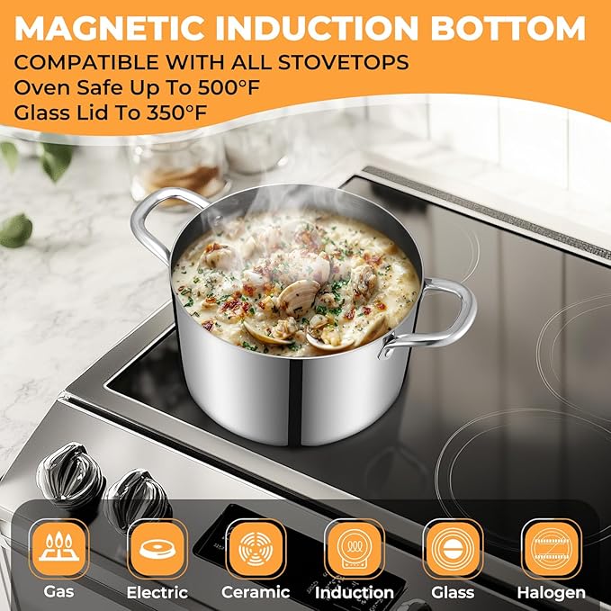 Tri-Ply Stainless Steel Stock Pot, 6.5 Quart Heavy Duty Induction Cooking Pot with Visible Lid for Pasta, Soup, Spaghetti, Sturdy & Double Handle, Dishwasher Safe