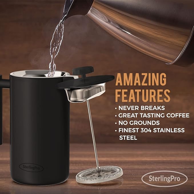 French Press Coffee Maker (1.5L)-Double Walled Large Coffee Press with 2 Extra Filters-Enjoy Granule-Free Coffee, Stylish Rust Free Kitchen Accessory-Stainless Steel (Black)
