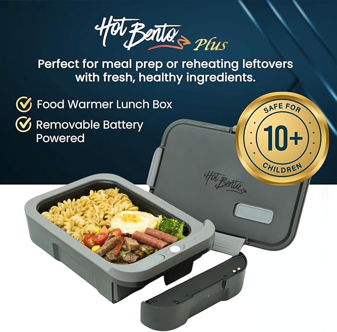 Hot Bento PLUS Self Heated Lunch Box and Food Warmer Removeable Battery Powered, Portable, Cordless, Hot Meals for Office, Travel, Jobsite, Picnics, Outdoor Recreation, Kitchen Meal Prep (Ebony)