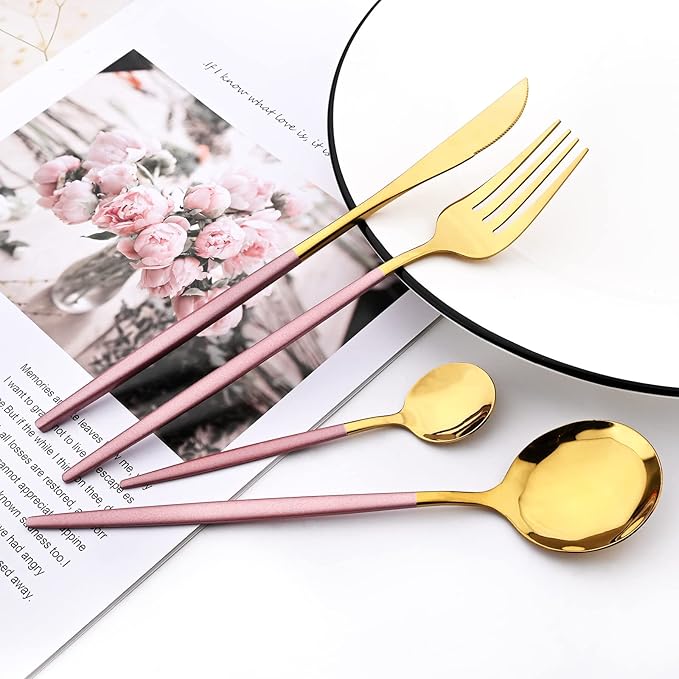 Pink Gold 24Pcs Flatware Set With Stand, Lightweight Dinnerware Set Stainless Steel Cutlery With Pink handles For Home Kitchen Wedding Party And Daily Use,Service For 6, Mirror Polish