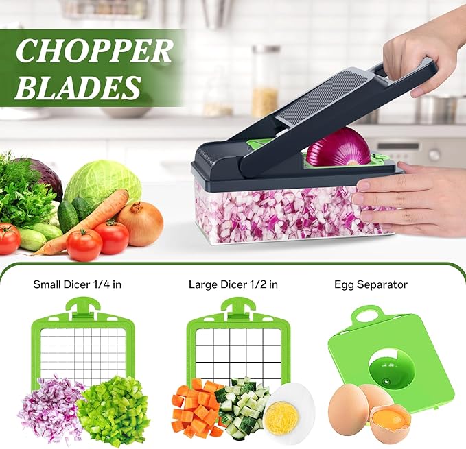 HomeHacks Vegetable Chopper Vegetable Cutter, 12 in 1 Kitchen Gadget, Dicer, Slicer, Onion Cutter, Salad, Cheese Grater & Egg Separator - Multi-Functional Veggie Chopper Lid with Handle (Grey)