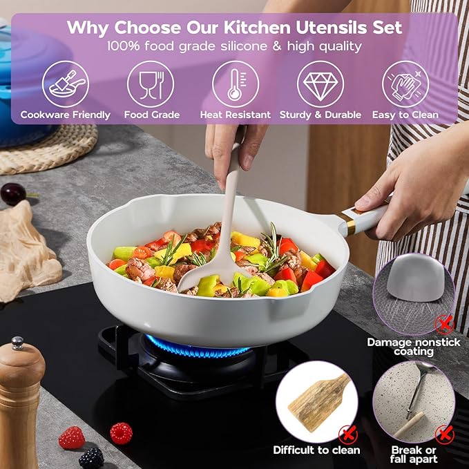 Silicone Cooking Utensils Set, Onader 6 Pcs Kitchen Utensils for Cooking, Heat Resistant Kitchen Gadgets Tools Set for Nonstick Cookware - 3 Mixed Color (Khaki & Pink & White)