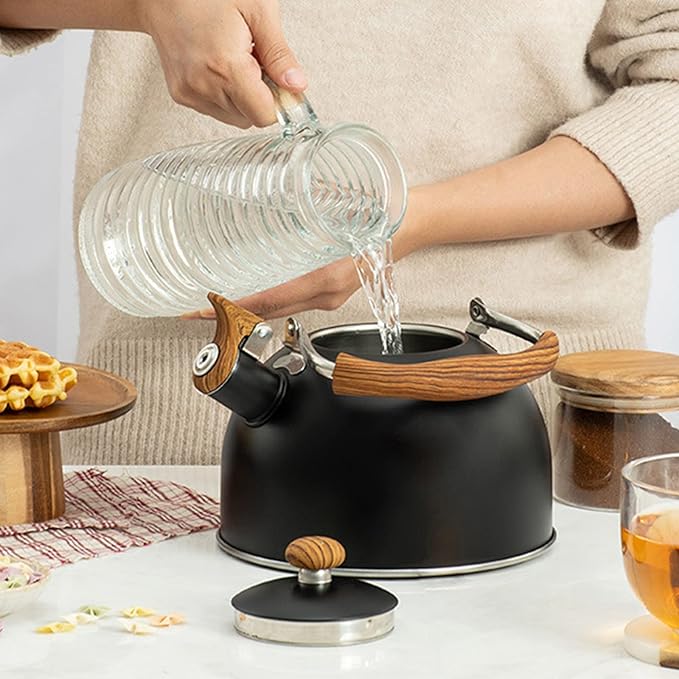 Whistling Tea Kettle 2.5L, Stainless Steel Kettle with Wood Pattern Folding Handle, for Tea Coffee (Black)