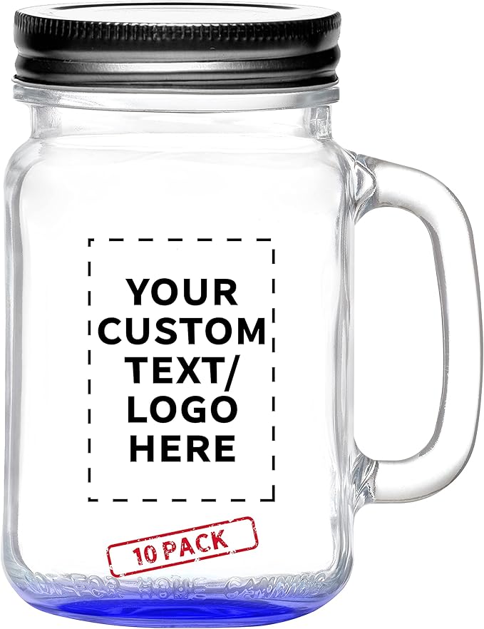 DISCOUNT PROMOS Custom Libbey Handle Mason Jars w/Lids 16 oz. Set of 10, Personalized Bulk Pack - Traditional style, High standard - Blue