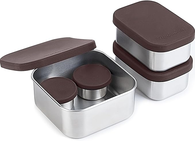 Flexibento - Leak proof Stainless Steel Lunch Box | Lunch Containers| Bento Box | 25 OZ, 2 * 12OZ, 2 * 1.5 OZ set |Snack Containers |Metal Lunch Box |SIlicone Lids|Meal Prep - Mocha Brown
