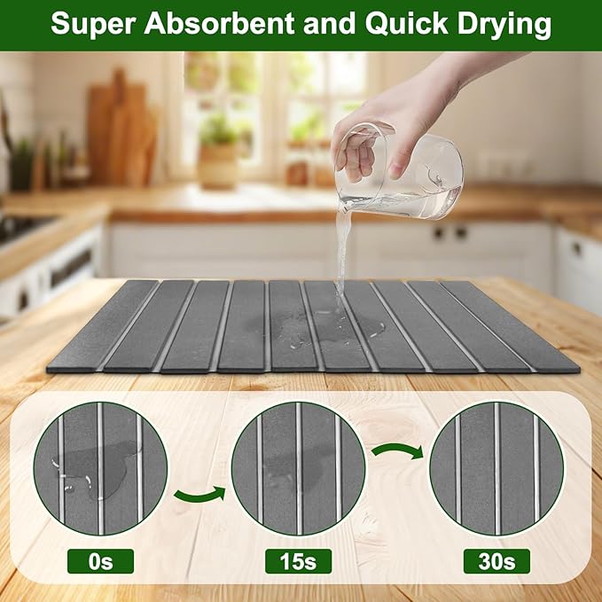 Large Stone Dish Drying Mat For Kitchen Counter, 24 x 16 Inch Collapsible Stone Drying Mat, Quick Dry Absorbent Diatomaceous Earth Mat, Self-Drying Dish Drying Mat For Dishes Sink Bathtub-Gray