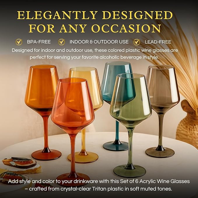 European Style Plastic Crystal, Stemmed Wine Glasses | Set of 6 | Acrylic Tritan Drinkware, Unbreakable Muted Color Shatterproof BPA-free, Reusable, Floating Pool & Indoor & Outdoor, Hand Wash 15oz