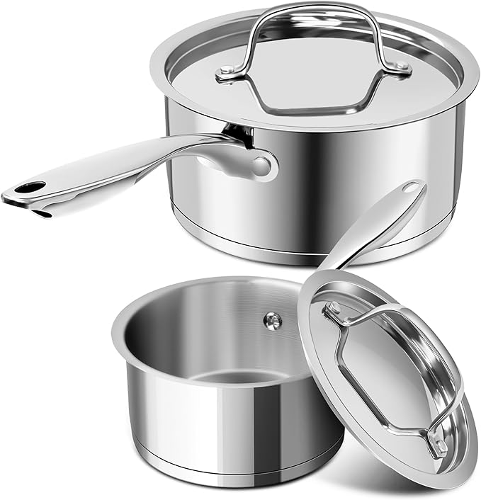 MICHELANGELO Stainless Steel Saucepan Set with Stainless Lids, Tri-Ply Bottom Sauce Pan with Lid, Sauce Pot Set 1QT & 2QT, Nonstick Saucepan, Dishwasher Safe
