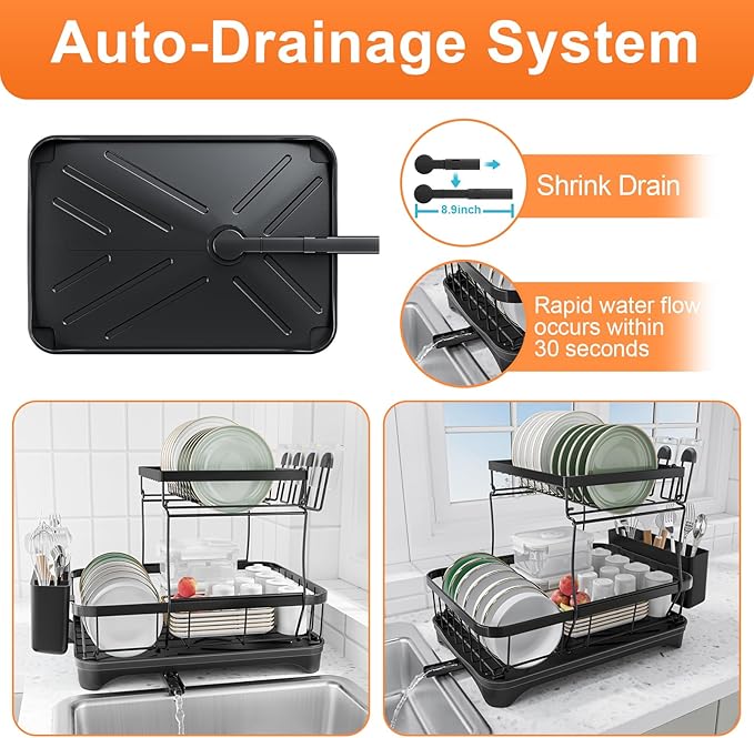 Dish Drying Rack Two-Tier Drying Rack with Utensil Holder, Auto-Draining Dish Rack for Kitchen Counter, Large Capacity for Plates, Bowls, Cups, Dish Drainer with Drainboard, Black