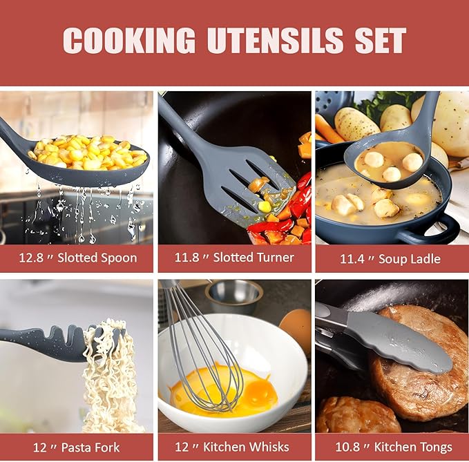 RAXCO Cooking Utensils Set,18-Piece Damascus Texture Knifes and Kitchen Gadgets,Integrated Storage,Grey